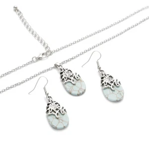 2PCS Vintage Women Turquoise Earrings + Necklace Set Water Drop Dangle Boho Gift - Picture 1 of 10