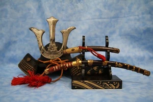 Japanese Miniature Metal Samurai Helmet Kabuto And Katana Japanese Sword - Picture 1 of 8
