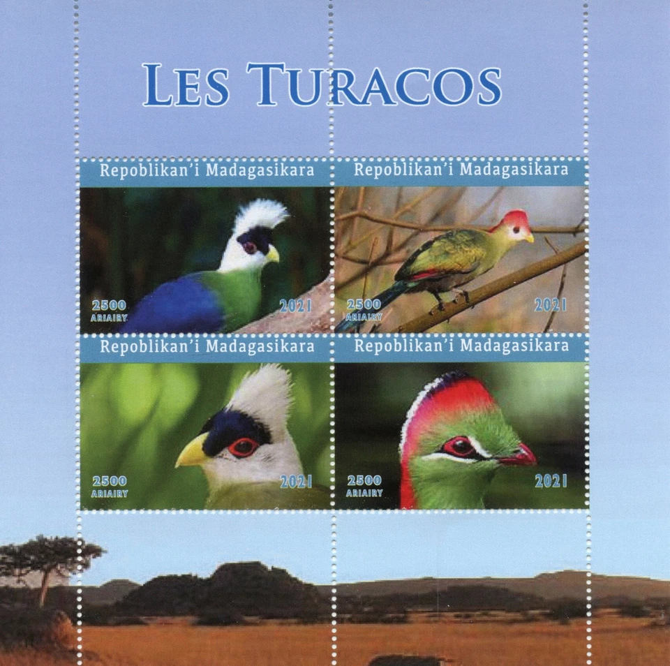 Madagascar Birds on Stamps 2021 MNH Turacos Turaco 4v M/S - Image 1 of 1