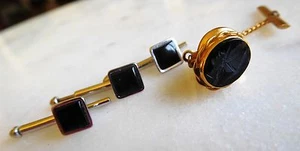 Lot of 4 Onyx Cufflands & Tie Tack Swank Trojan Knight Simmons 12k GF - Picture 1 of 7