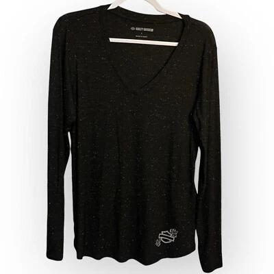 Camisa Harley Davidson Tejida Térmica Para Mujer Grande Negra Logo Metálica Motociclista Foto 1 de 4