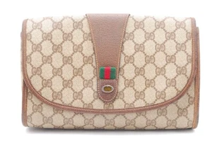 Gucci Clutch Bag Pouch Purse Vintage Sherry Line PVC Leather Brown JAPAN - Picture 1 of 12