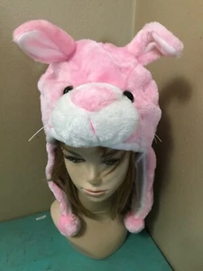 Pink BUNNY Rabbit Plush Fur Animal Head HOODIE HAT winter ear flap cap Easter - Picture 1 of 5