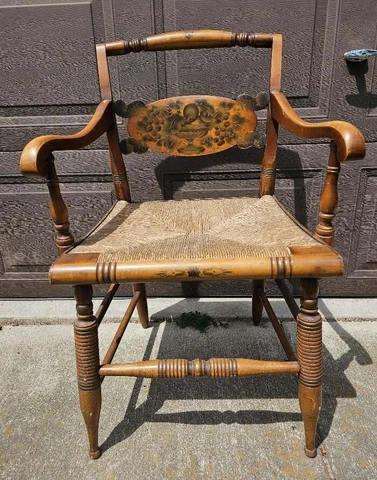 Vintage HITCHCOCK Dining Captains Chair Harvest Gold Stenciling Rush Seat Cover