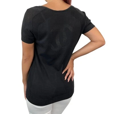 Top tejido de malla con logotipo marca CC CHANEL Sport Vintage 08C #36 negro blanco algodón Foto 1 de 4