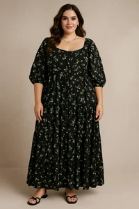Old Navy Dress Womens 2X Black Floral Boho Cottagecore Peasant Tiered Midi Flowy - Picture 1 of 20