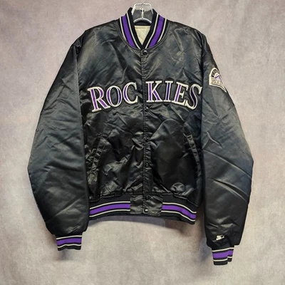 Jaqueta Bombardeiro Masculina Vintage Anos 90 Starter Diamond Colorado Rockies Cetim Preto G - Imagem 1 de 4