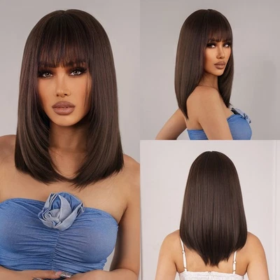 Peluca cosplay cabello sintético con flecos marrón oscuro corta recta en capas Foto 1 de 4