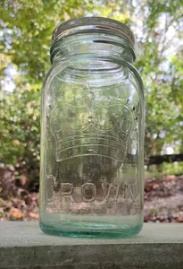 Antique Vintage CROWN Quart Mason Jar with Original Glass Lid Insert Rare  - Picture 1 of 9
