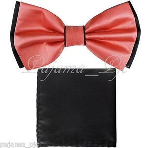 Wedding Black Coral Pre-tied Bow tie and Black Pocket Square Hankie Two Layers - Picture 1 of 1