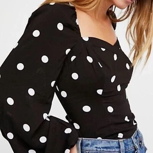 Free People Be My Lover Black & White Polka Dot Fitted Bodice Printed Top Size M - Picture 1 of 10