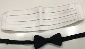 After Six Mens White Cummerbund +  Go Vallini Black Bow Tie  Adjustable - Picture 1 of 6