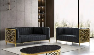 Luxury Glam Living Room 3pc Set Sofa Loveseat Chair Black Velvet Chrome Gold - Picture 1 of 4
