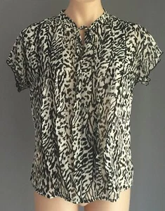 LIZ JORDAN Top Sheer Black & White Leopard Print Short Sleeve Dressy 12 - Picture 1 of 5