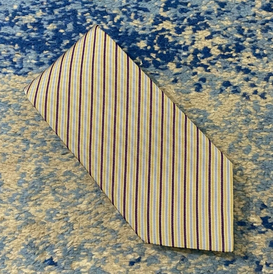Corbata Paul Stuart Beige Azul Blanco Púrpura Sesgado Rayas Seda Algodón Inglaterra Foto 1 de 4