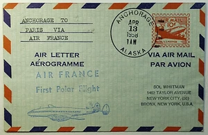 1958 FDC Air France First Polar Flight Air Letter Aerogramme Anchorage to NYC - Picture 1 of 2