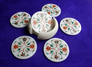 Marble Coaster Set Floral Pietra Dura Multi Color Stones Handmade Home Decor - Picture 1 of 1