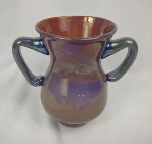 Vintage Art Glass Signed P Meiser Burn Vase Purple Blue Iridescent Swirl handle - Picture 1 of 12