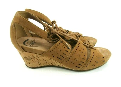 ABEO Bio System Women's Size 7 Brown Suede Sandals Ankle Straps Tie Cork Wedge - Image 1 of 4