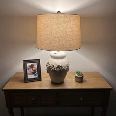 Ceramic Table Lamp Beige Flowers H24*W15 Inch - Image 1 of 4