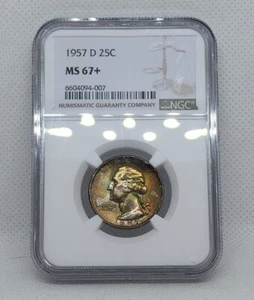 1957 D Silver Washington Quarter NGC MS67+ Plus Rainbow Toned Only 8 Higher - Picture 1 of 9