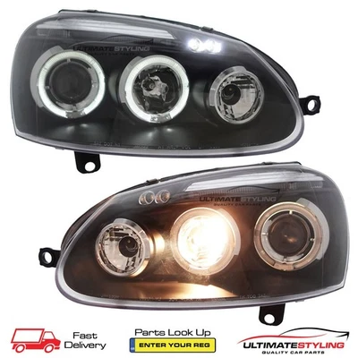 ULTIMATE STYLING VW Golf Mk5 Headlights Twin Angel Eyes Black Projector Upgrade LED DRL Black