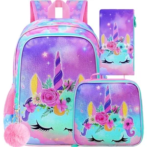 3 Stück Einhorn Rucksack für Mädchen, 16" Kinder Büchertasche mit Brotdose, Wasserabweisend... - Bild 1 von 7