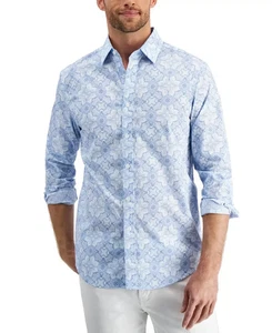$59 Club Room Long Sleeve Regular Fit Allover Medallion Print Shirt, Blue, Sz M - Picture 1 of 2