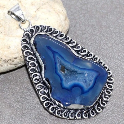 Colgante enchapado en plata 925 con rebanada de geoda de ágata de 2,5" joyería estética GW Foto 1 de 3