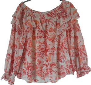 Top de Verano Floral Naranja y Crema Talla 10 Hombro Descubierto Semi Transparente NUEVO - Imagen 1 de 4