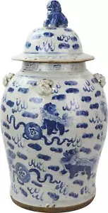 Temple Jar Vase Vintage Lion Small White Blue Ceramic Hand-Painted Hand-Crafted - Picture 1 of 3