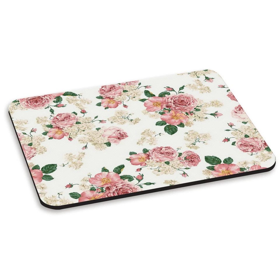 VINTAGE FLOWERS WHITE PATTERN PC COMPUTER MOUSE MAT PAD - Floral Print - Image 1 of 1