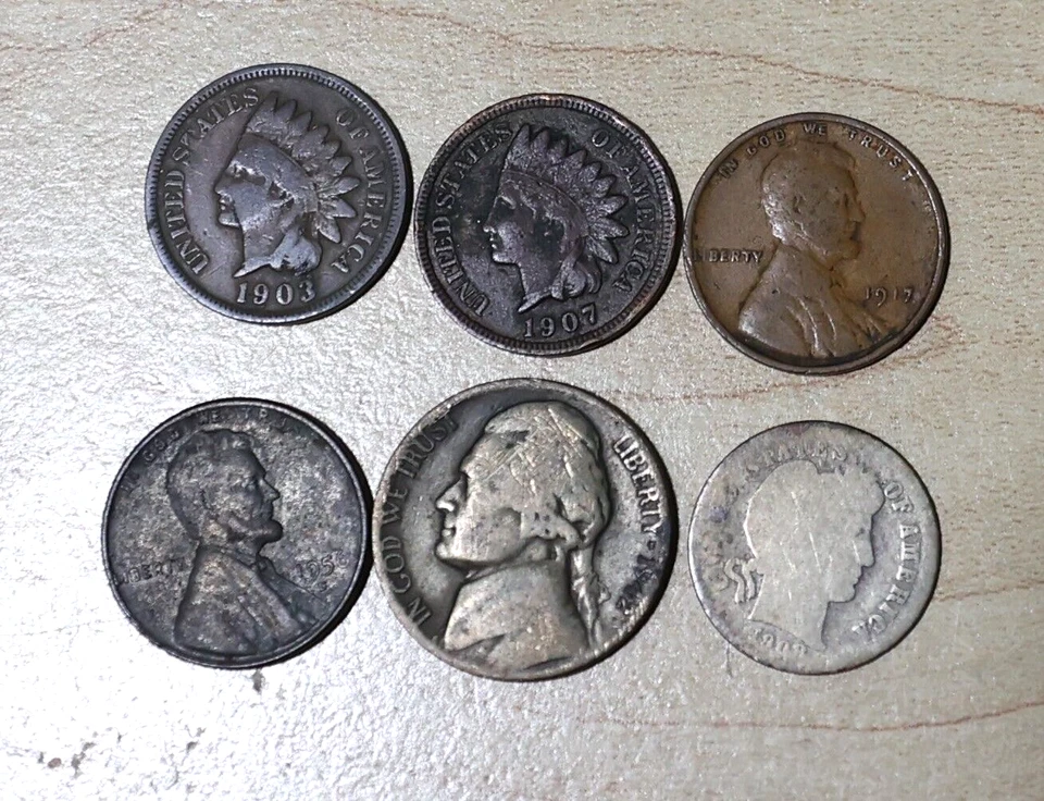 1903 & 1907 Indian Cent-1917-P & 1956-D 1c-1942-P Silver 5c-1908-D Silver 10c - Image 1 of 2