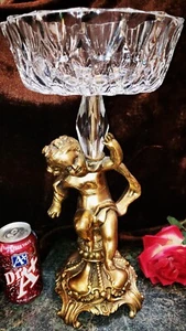 BIG Vintage ORNATE Gold Plate Footed Base CHERUB Crystal Glass Bowl Compote! - Picture 1 of 15