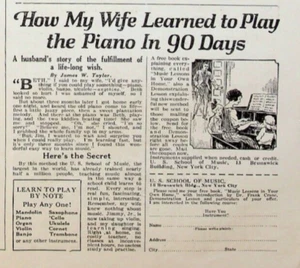 Escuela de Música de Estados Unidos de 1928 de colección años 20 anuncio impreso esposa aprendió a tocar el piano 90 días - Imagen 1 de 2