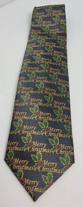 Vintage Merry Christmas Tie Black Holly Berries Classic Holiday - Picture 1 of 6