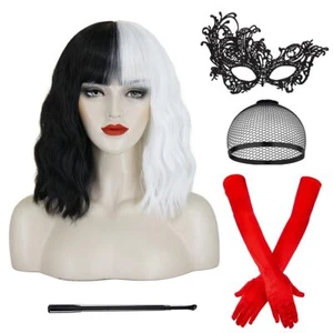 Cruella Deville Black and White Hair Wig w/bangs Costume w/Mask Gloves C-Rod - Picture 1 of 7