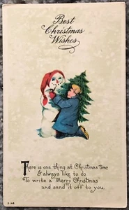 Antique 1916 Christmas Postcard: Little Boy, Tree, & Snowman w "Best Christmas" - Picture 1 of 2