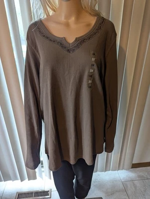NWT $30 Northcrest 3X Taupe Embroidered Stretch Shirt Neutral - Image 1 of 4