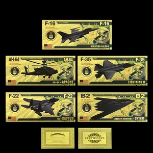 Military Aircraft Collect Gold Foil Banknotes Set – F-16, F-22, F-35, AH-64, B2 - Picture 1 of 8