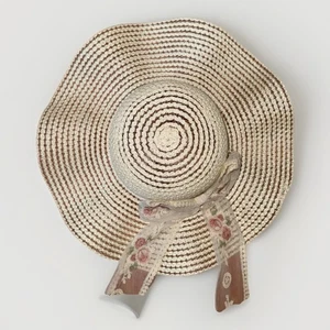 Women Sun Straw Hat Beach Vacation Beige Cute One Sz Floral Mesh Wide Brim Used - Picture 1 of 6