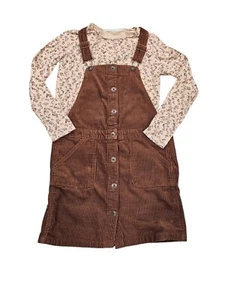 OshKosh H&M Girl Brown Corduroy Overall Dress Floral Long Sleeve Top Outfit 8-10 - Picture 1 of 6