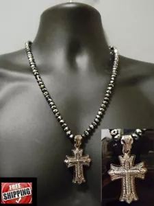 Black Hematite Crystal Rap Cross Pendant Necklace Rosary Hip Hop Jesus Bead - Picture 1 of 5