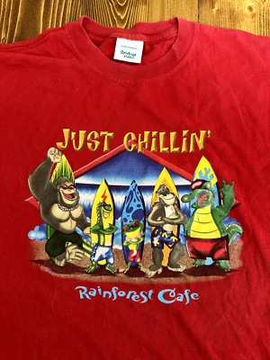 Camiseta vintage Rainforest Café talla grande colorida tabla de surf diseño elevado Foto 1 de 4