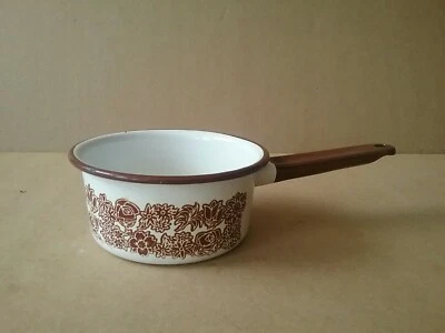 Vintage Enamel Brown Flower Pattern and White Sauce Pan  - Image 1 of 4