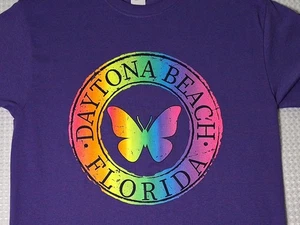 Daytona Beach Florida Souvenir Butterfly Colorful Purple T-shirt Size M Gildan - Picture 1 of 7