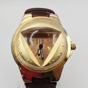 Vintage Guess 1996 Gold Dome Crystal Watch Brown Band, New Battery Working - Picture 1 of 11