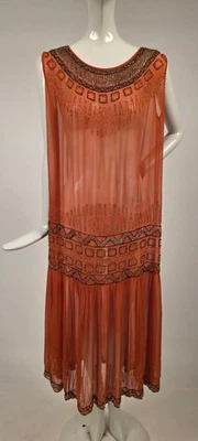 FLAPPER 1920’S SILK CHIFFON DRESS W EGYPTIAN REVIVAL GLASS BEADING - Image 1 of 4