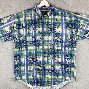 Chaps Ralph Lauren Shirt Mens Large Blue Green Plaid Floral Tropical Hawaiian - Picture 1 of 13