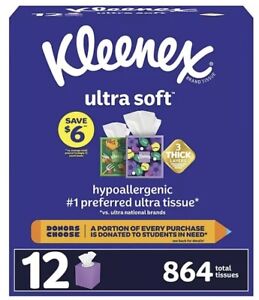 Kleenex Ultra Soft 3-Ply Facial Tissues, Cube Boxes (72 tissues/box, 12 boxes)